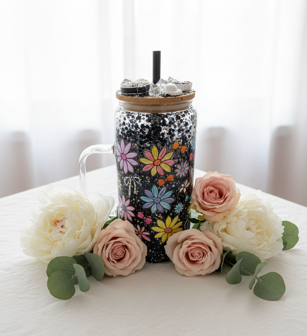 20oz. Glassware Floral Tumbler with Handle