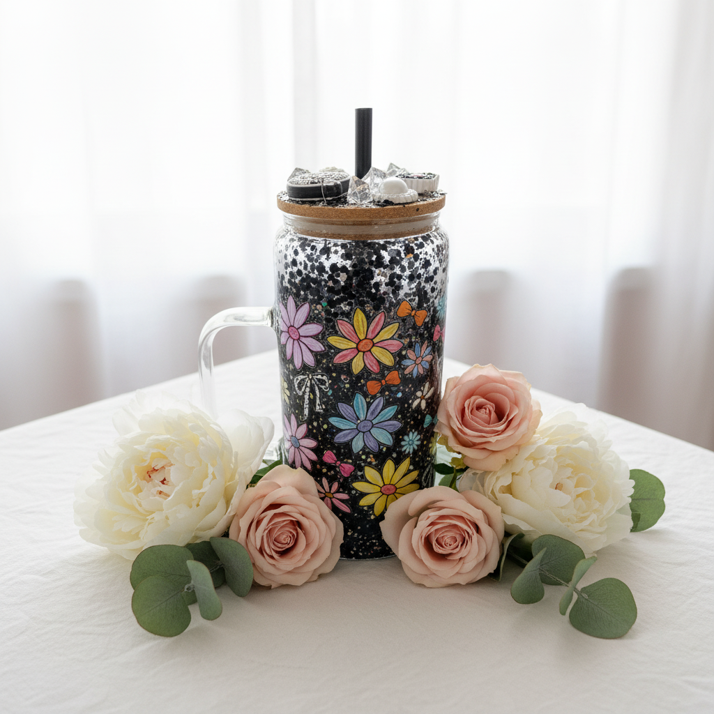 20oz. Glassware Floral Tumbler with Handle